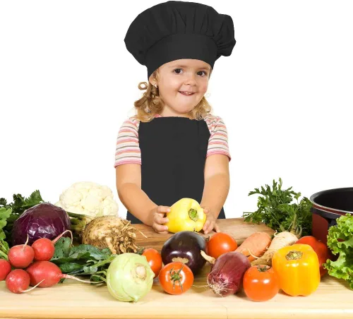 Miniatura 7 de Juego de delantal y gorro de chef para niños, delantales ajustables de algodón con bolsillo grande, delantales negros para niñas y niños, delantales