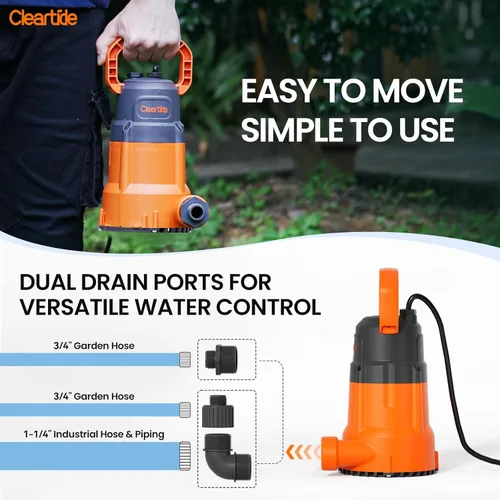Miniatura 3 de Cleartide Bomba de sumidero sumergible, bomba de agua utilitaria de 1/4 HP para drenaje de piscinas, jacuzzi, sótano, motor 100% de cobre, bomba