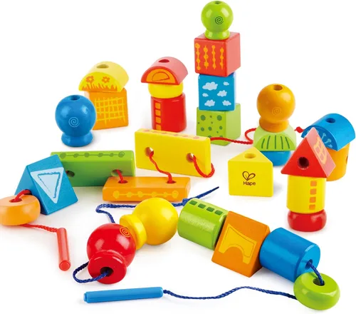 Hape Formas de cuerda | Juego clásico de apilamiento de bloques de madera de 32 piezas, juguete de cordones multicolor