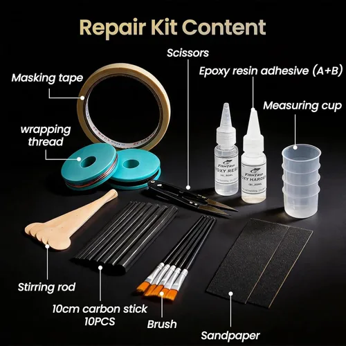 Miniatura 2 de FishTrip Kit de reparación de caña de pescar completo con epoxi, kit de construcción de palos de fibra de carbono de 10 piezas, pegamento AB, hilo