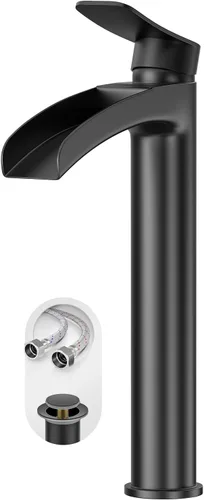 Phiestina Grifo Alto de Lavabo Vessel para Baño Negro Mate, Cascada de Un Solo Orificio con Una Sola Manija para Lavabo Sobre Encimera, con Desagüe