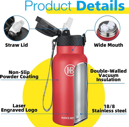 Miniatura 5 de Han's Bottle Botella de agua para niños con tapa con pajilla, vaso reutilizable de acero inoxidable aislado para niñas, niños, taza térmica, 17 Rojo