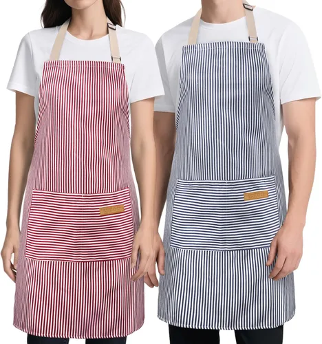 Paquete de 2 Delantales de Cocina, Delantales Suaves para Mujeres y Hombres con 2 Bolsillos, Delantal de Chef con Correa Ajustable para el Cuello y