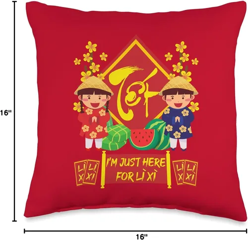Miniatura 4 de Kids Funny Meaningful Vietnamese New Year Phrases I'm Just Here for Li Xi Almohada vietnamita para niños de Año Nuevo lunar 2022, 16 x 16