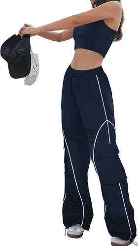 Allytok Pantalones de paracaídas para mujer, pantalones cargo holgados Y2K con bolsillos, pantalones modernos de pierna ancha