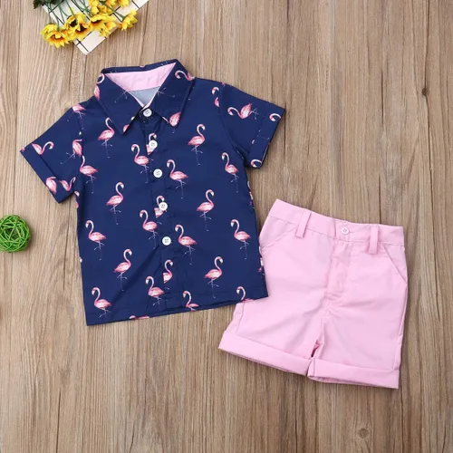 Miniatura 7 de Conjunto de camisa de manga corta con botones y pantalones cortos casuales con diseño de flamingo, para bebés y niños de 1 a 6 años, atuendos