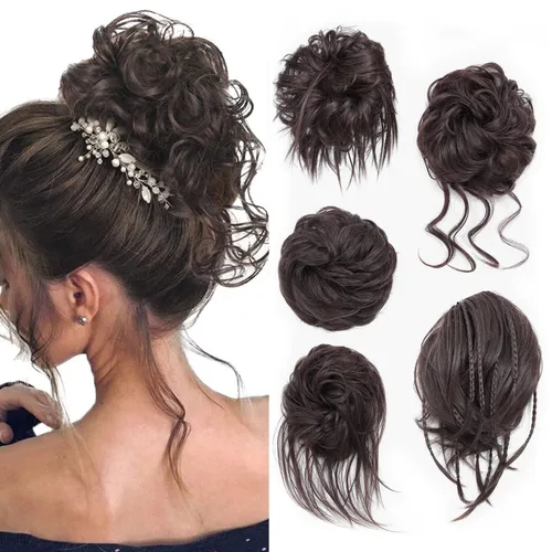 Miniatura 11 de 5 piezas de extensiones de cabello para moños desordenados con banda elástica de goma para mujeres, extensiones de cola de caballo con horquillas