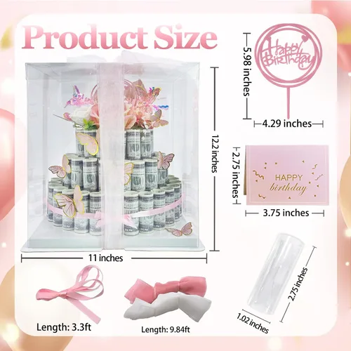 Miniatura 2 de Caja de regalo en efectivo, caja de regalo feliz, pastel de flores, regalo sorpresa para el día de San Valentín (rosa de tres niveles)