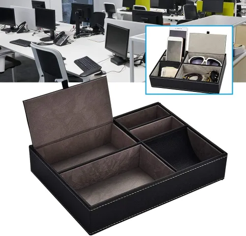 Miniatura 6 de Wisecoco Organizador de escritorio de piel sintética, organizador de escritorio, artículos de oficina de negocios, caja de almacenamiento con 5
