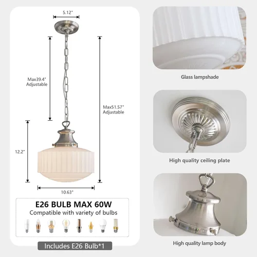 Miniatura 7 de Vintage Milk Glass Pendant Light Fixtures, 10.63" Milk Glass Chandelier, Brushed Nickel Pendant Lights Kitchen Island, Milk Glass Pendant Light for