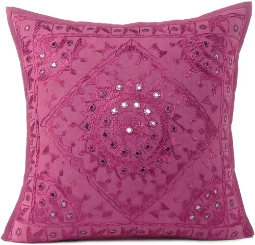 Miniatura 12 de Funda de cojín decorativa bohemia bordada con espejos, hecha a mano para sofá, dormitorio, sala de estar (negro, 16 x 16 pulgadas)