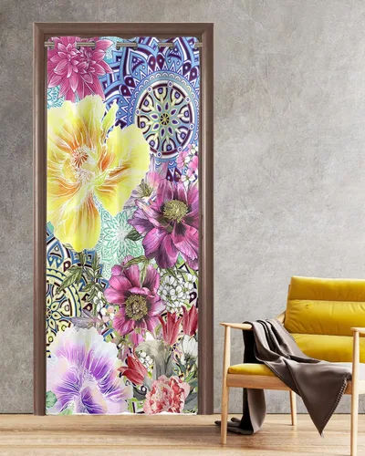 Cortina opaca bohemia para puerta de 80 pulgadas de largo para dormitorio, con aislamiento térmico, ojales, cortinas opacas con mandala, orquídea,