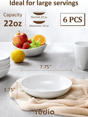 Miniatura 2 de Tazones para pasta, cuencos de sopa de ensalada blanca de 22 onzas, cuencos grandes para pasta, platos de pasta de porcelana, cuencos anchos y poco