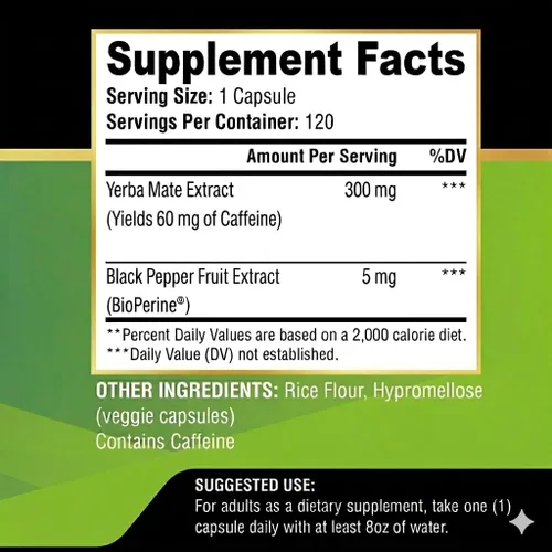 Miniatura 7 de Yerba Mate extra fuerte de alta potencia, 60 mg de cafeína por cápsula, suplementos de extracto de píldoras para energía natural limpia, fabricado
