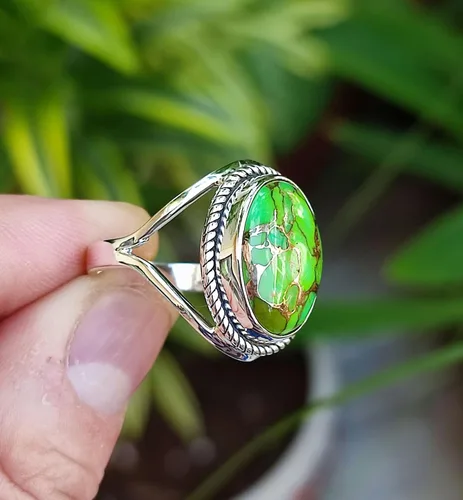 Miniatura 5 de Navya Craft Green Copper Turquoise Ring, 925 Sterling Silver Statement Promise Ring for Women, Natural Turquoise Oval Gemstone Handmade Boho