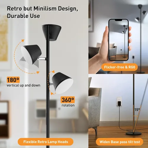 Miniatura 4 de Lámpara de pie LED de árbol de 42 W, 4200 lúmenes, lámparas de pie súper brillantes para sala de estar con control remoto y táctil, 3 luces Negro