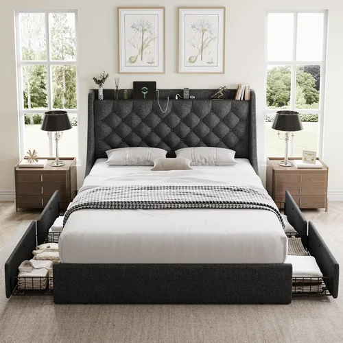 Miniatura 12 de GalnFu Marco de cama de tamaño completo con 4 cajones de almacenamiento, cabecera tapizada grande tipo wingback, estación de carga rápida,