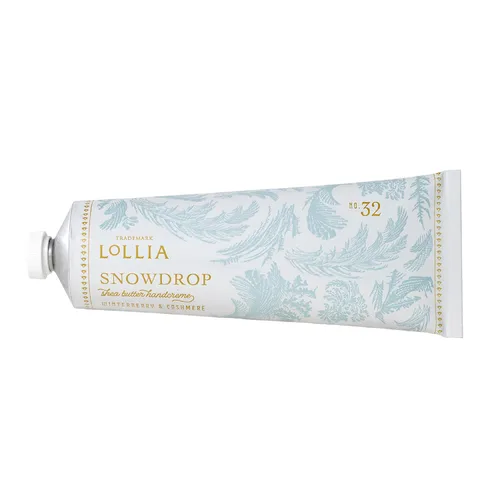 LOLLIA Snowdrop Handcreme, 3.3 onzas, 113 g, Fragancia de baya de invierno y cachemira, crema hidratante de lujo para manos con manteca de karité y