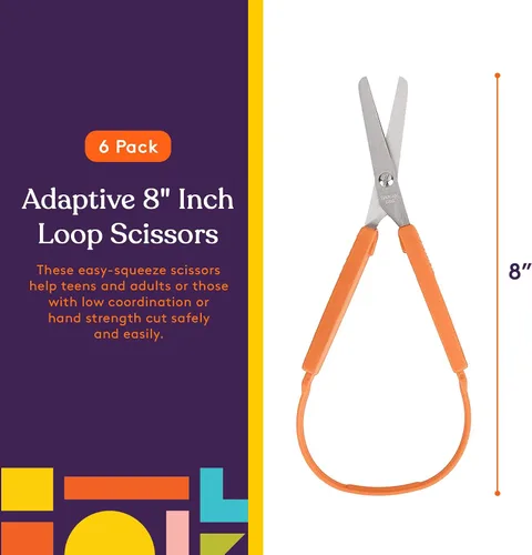 Miniatura 5 de Special Supplies Tijeras de bucle para adolescentes y adultos de 8 pulgadas (paquete de 6) con bucles coloridos, diseño adaptativo, soporte derecho
