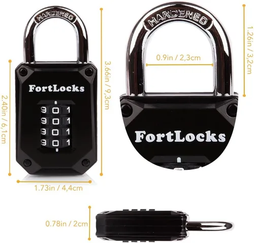 Miniatura 3 de FortLocks - Candado de combinación de 4 dígitos, resistente, de acero inoxidable endurecido, resistente a la intemperie y al aire libre, fácil