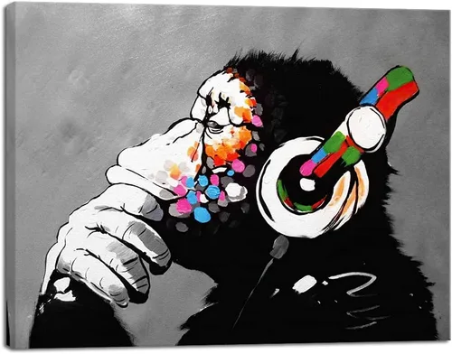 Miniatura 9 de Wieco Art Marco Negro Mono con Auriculares Banksy Arte de Graffiti Abstracto Pinturas en Lienzo Impresiones Arte de Pared en Lienzo de Animales
