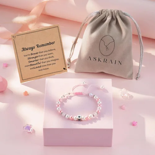 Miniatura 6 de ASKRAIN Pulsera de perlas rosas y blancas de cumpleaños para niñas