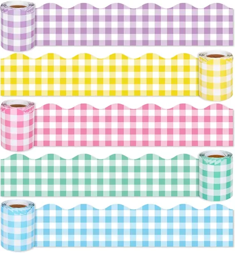 Whaline Bordes de tablero de anuncios de Pascua de 164 pies, 5 rollos de cuadros pastel a cuadros troquelados, tiras rosadas, azules, amarillas,