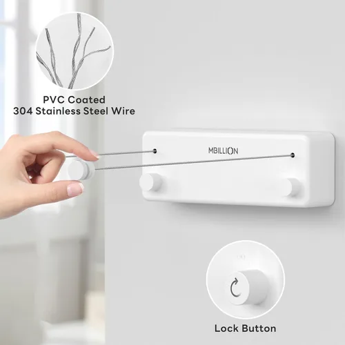Miniatura 3 de Mbillion Tendedero retráctil de acero inoxidable de 13.8 pies, línea de ropa doble retráctil para interiores, resistente, línea de lavandería