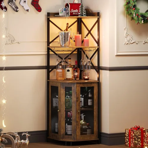 JKsmart - Gabinete de esquina para barra con luces LED, gabinete de barra de vino industrial de 5 niveles con soporte para vasos, gabinetes de licor