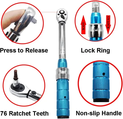 Miniatura 3 de ThreeH Llave dinamométrica de clic de 3/8 pulgadas 5-60 Nm/3.6-44ft-lb Llave dinamométrica ajustable de doble dirección con estuche