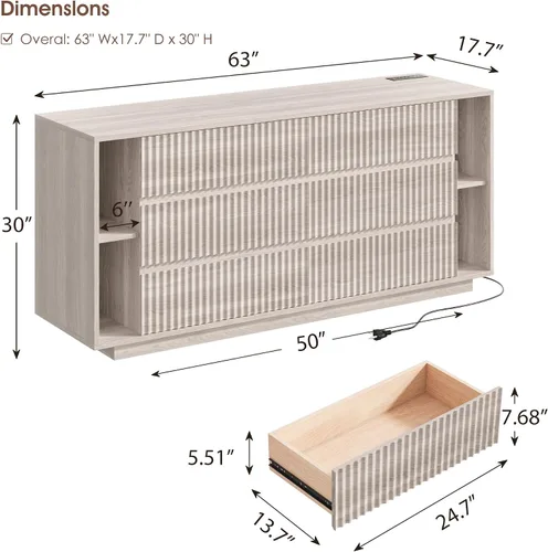 Miniatura 2 de Whalefall Fluted 6 Drawer Dresser with Shelves, 63'' Wide 17.7'' Depth Large Chest of Drawers for Bedroom, Modern TV Stand, Wood Closet Storage