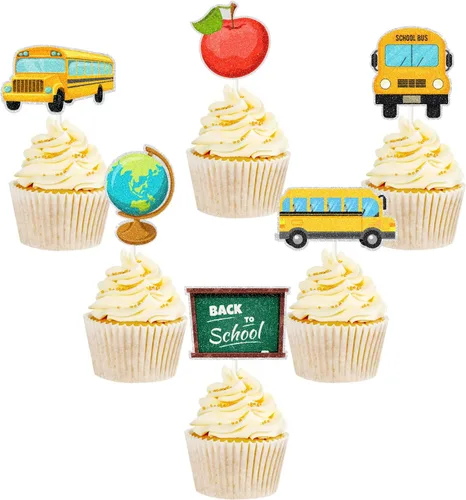 18 piezas de decoración para cupcakes de regreso a la escuela, autobús escolar, decoraciones para jardín de infantes, regreso a la escuela,