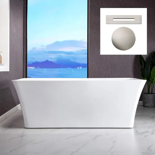 Miniatura 16 de WOODBRIDGE Bañera de acrílico independiente de 67 pulgadas, bañera blanca de remojo contemporáneo con desbordamiento y drenaje de oro cepillado