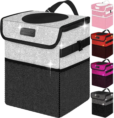 Miniatura 10 de Bonita mini bolsa de basura para automóvil con tapa, cubo de basura con purpurina para colgar para asiento trasero, asiento delantero/consola