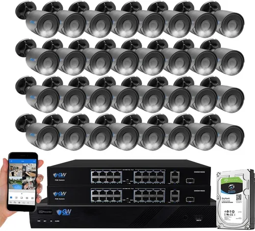 GW 4K - Sistema de cámara de seguridad para detección de personas/vehículos para exteriores/interiores, 32 canales 12MP PoE NVR, 32 x 4K 8MP UltraHD