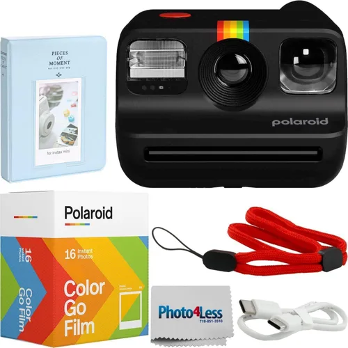 Polaroid Go Generation 2 - Mini cámara de película instantánea con película de color Polaroid GO, paquete doble y álbum de fotos + tela (4 Negro