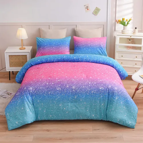 Miniatura 9 de A Nice Night Juego de ropa de cama de 6 piezas con purpurina degradada para niñas, tamaño Twin, juego de edredón colorido de galaxia arcoíris, Azul