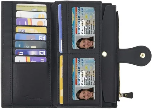 Miniatura 4 de Travelambo - Cartera de piel auténtica encerada con bloqueo de identificación de radiofrecuencia (RFID) para mujer, con gran capacidad, bolso
