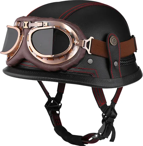 Miniatura 8 de Yesmotor - Casco de media cara estilo retro alemán de cuero hecho a mano con hebilla de liberación rápida y gafas protectoras - Aprobado por DOT