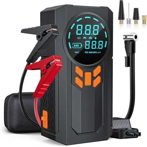 Arrancador con compresor de aire, batería de 5000 A 160 PSI portátil (9.0 gas/8.0L diesel), batería de coche de 12 V con cables de puente
