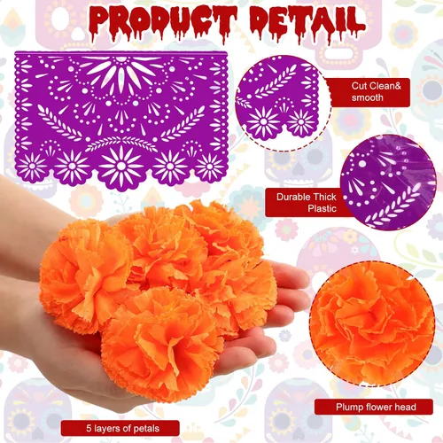 Miniatura 3 de Cartel de fiesta mexicana de Halloween, 124 unidades, papel picado, Día de los Muertos, banderines de fiesta, Día de los Muertos, flores muertas