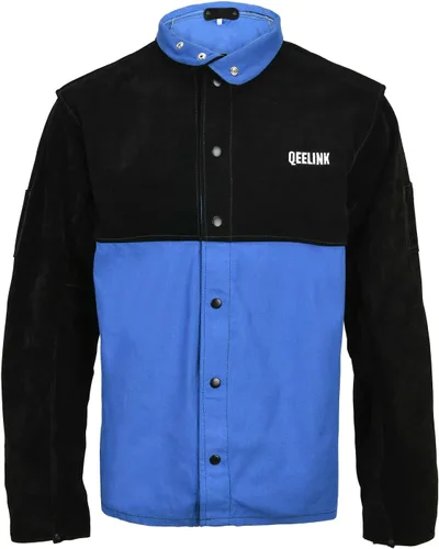 Miniatura 7 de QeeLink Chaqueta de soldadura mangas de cuero divididas Chaquetas de soldador híbridas de cuerpo de algodón resistente al fuego prémium