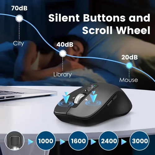 Miniatura 6 de CITLLA Ratón inalámbrico Bluetooth (USB + BT1 + BT2), ratón de tamaño completo, desplazamiento de 4 vías, silencioso para múltiples dispositivos Gris