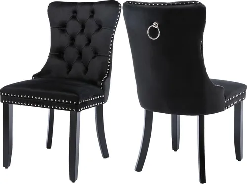 Miniatura 43 de Juego de 2 sillas de comedor de terciopelo, silla de comedor tapizada de alta gama con tirador de anillo en la espalda, adorno de clavos y patas