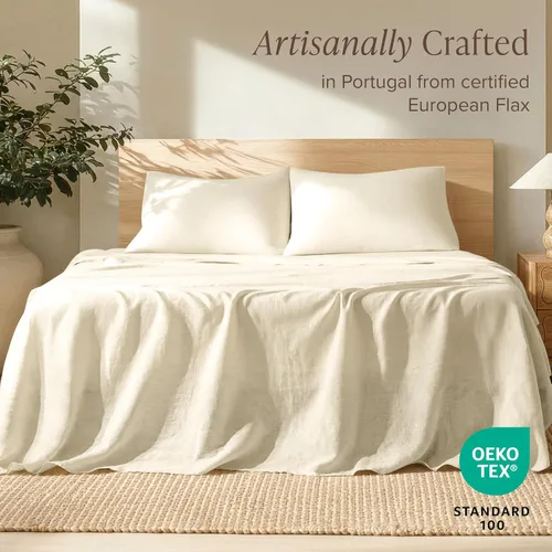 Miniatura 2 de Bare Home Juego de sábanas extralargas para cama individual, 100% lino europeo de lujo, bolsillos profundos, ajuste fácil, juego de 3 piezas, Natural