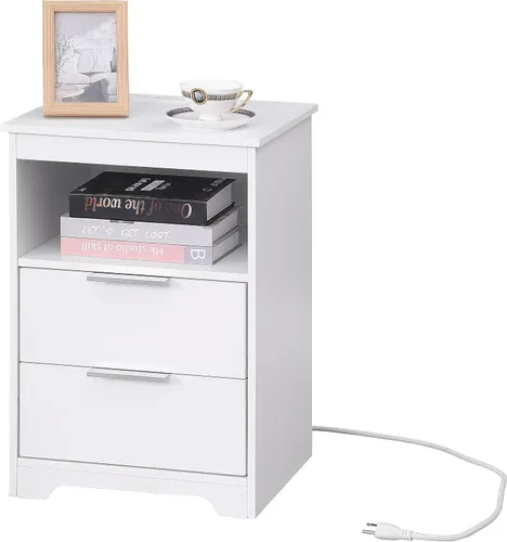 Miniatura 10 de Mesita de noche con estación de carga, mesita de noche con 2 cajones, mesa auxiliar de madera con cajón y estante de apertura, mesa auxiliar