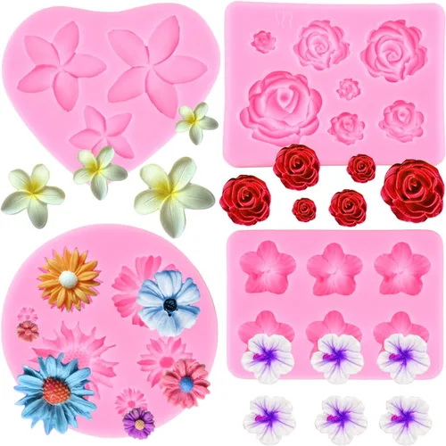 Miniatura 10 de Mujiang Moldes de silicona con diseño de margaritas de rosas, moldes para decoración de tartas, orquídeas y flores, juego de 4