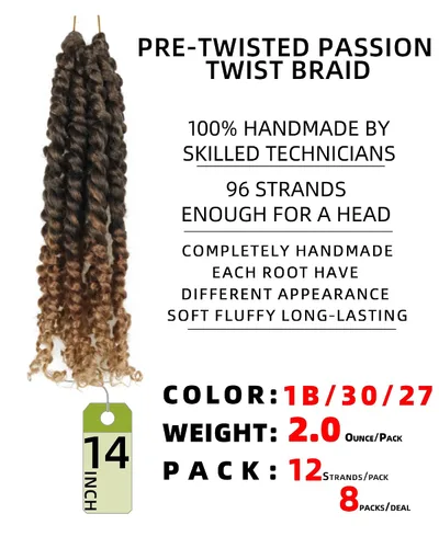 Miniatura 2 de Paquete de 8 paquetes de cabello de ganchillo Passion Twist de 14 pulgadas para mujeres negras y niños, 3 tonos degradado negro a rubio marrón