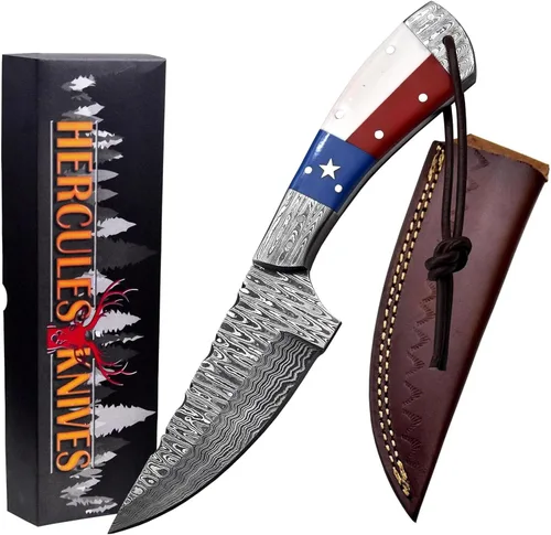 Hercules - Cuchillo de caza de Damasco forjado a mano personalizado con funda de cuero, hoja fija, camping, bushcraft, supervivencia, cuchillo al