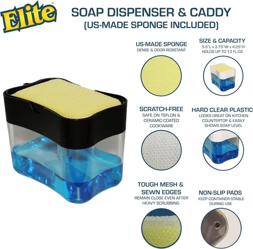 Miniatura 2 de Elite Buddy - Dispensador de jabón para platos y soporte de esponja para encimera de fregadero de cocina, incluye esponja limpiadora antiarañazos
